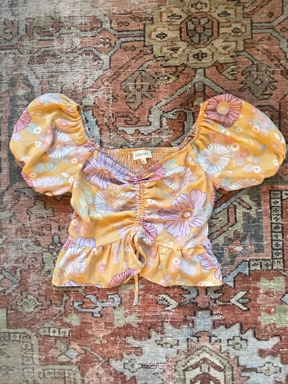 meraki Floral Puff-Sleeve Cropped Blouse